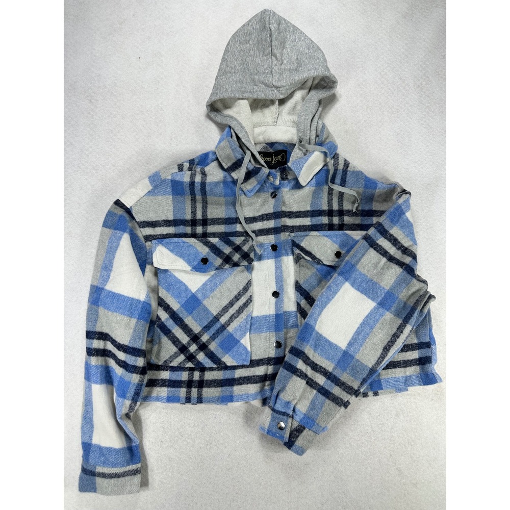 Spoon Jeans Womens Blue Plaid Cropped Hooded Flannel Shacket XL/1X